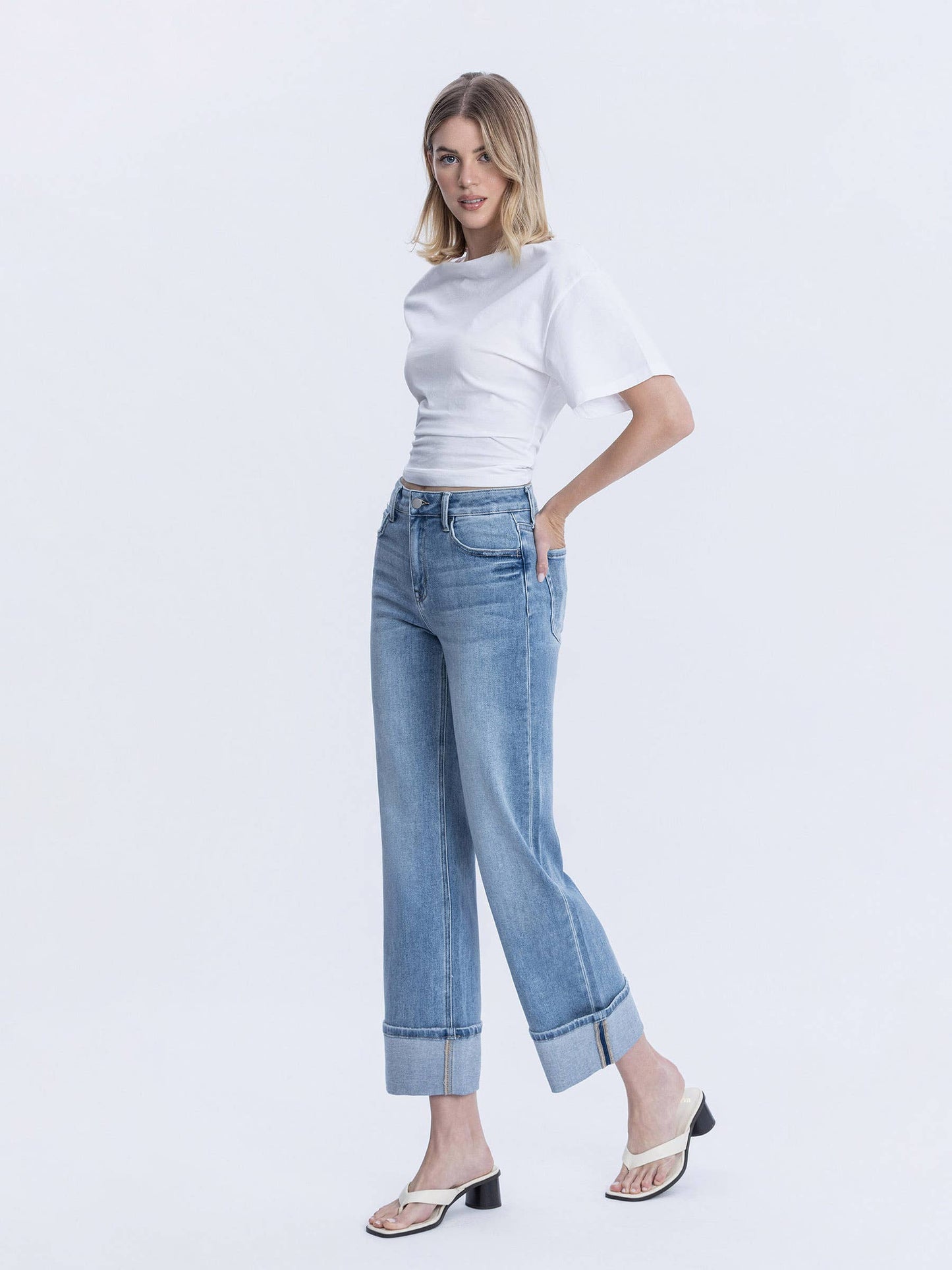 High Rise Medium Light Wash Cuffed Slim Wide Jeans