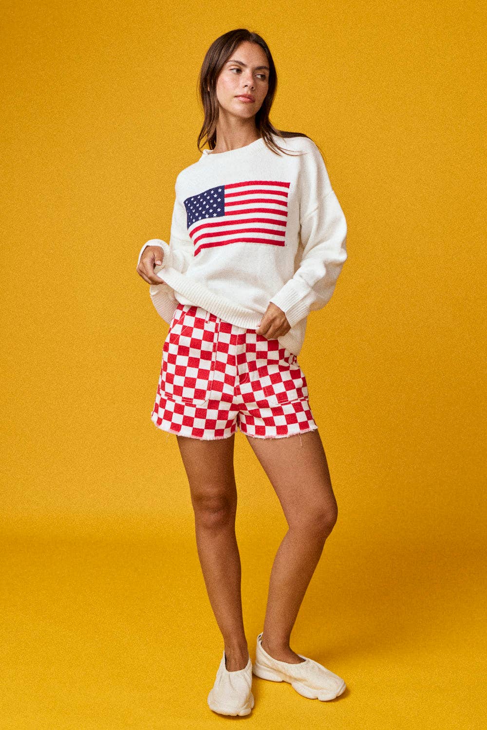 Red & White Checkerboard Frayed Hem Denim Shorts