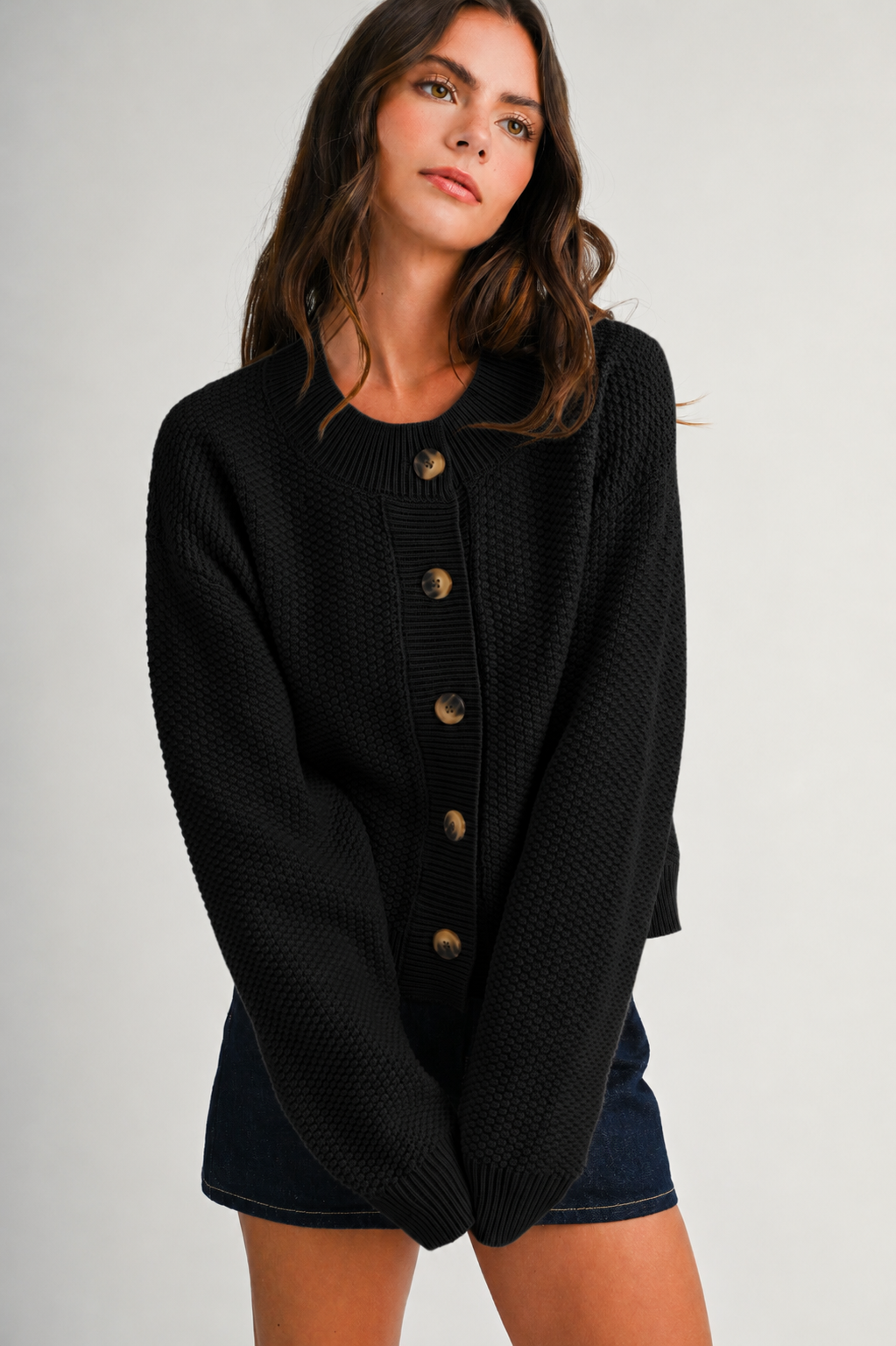 Textured Knit Statement Button Cardigan