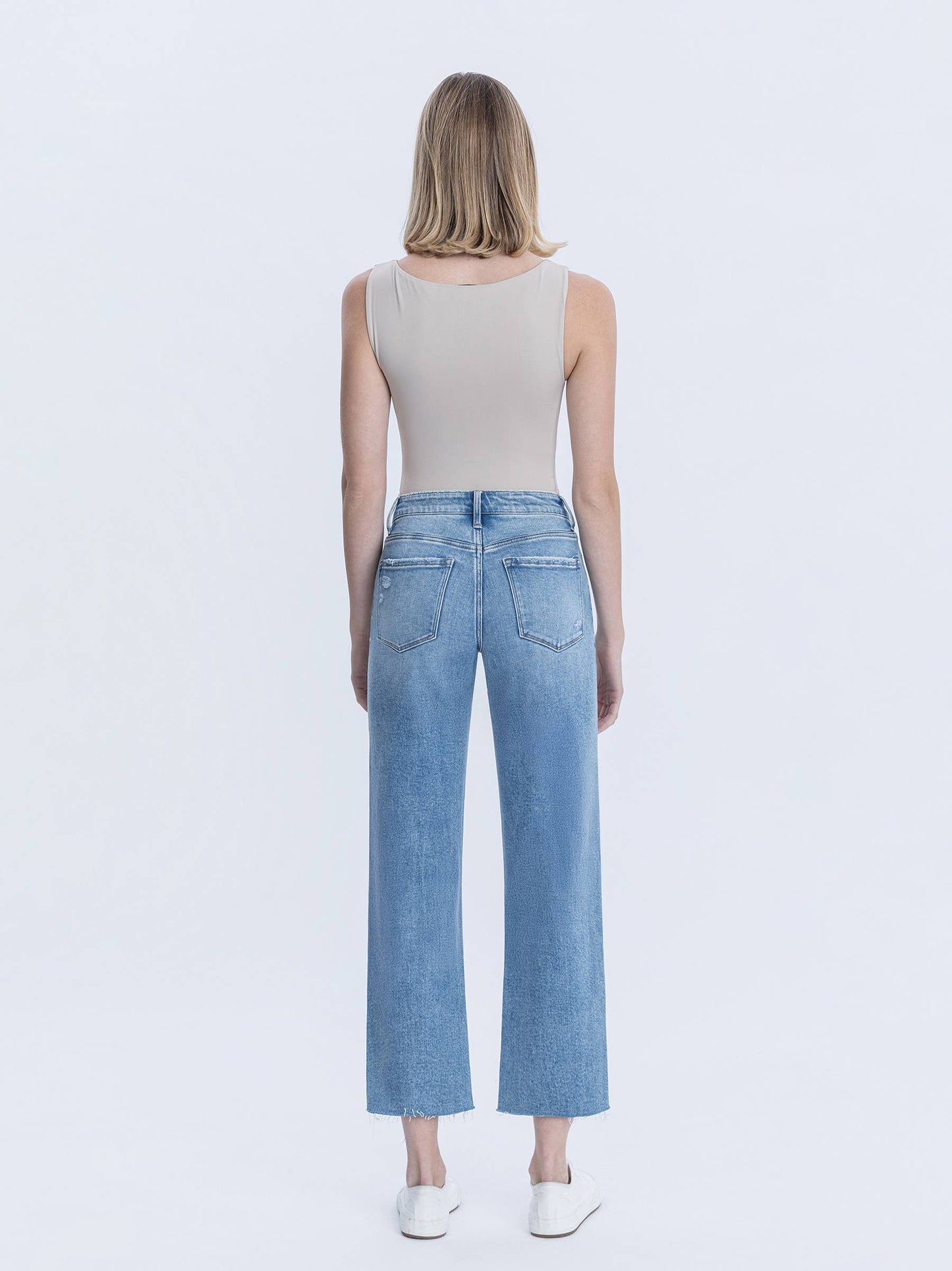 High Rise Raw Hem Crop Slim Wide Jeans