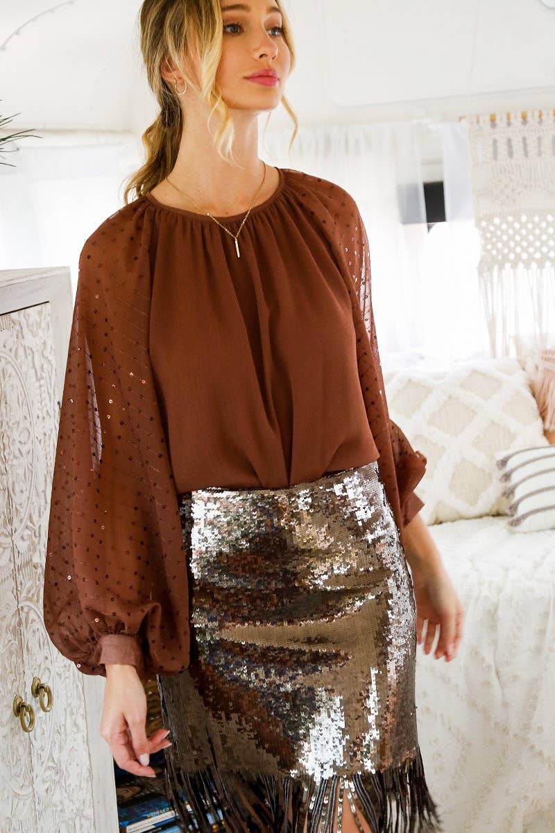 Sequin Long Balloon Sleeve Crinkle Chiffon Blouse