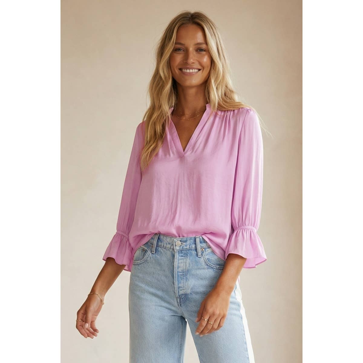 V-neck Blouse With Flared Cuffs