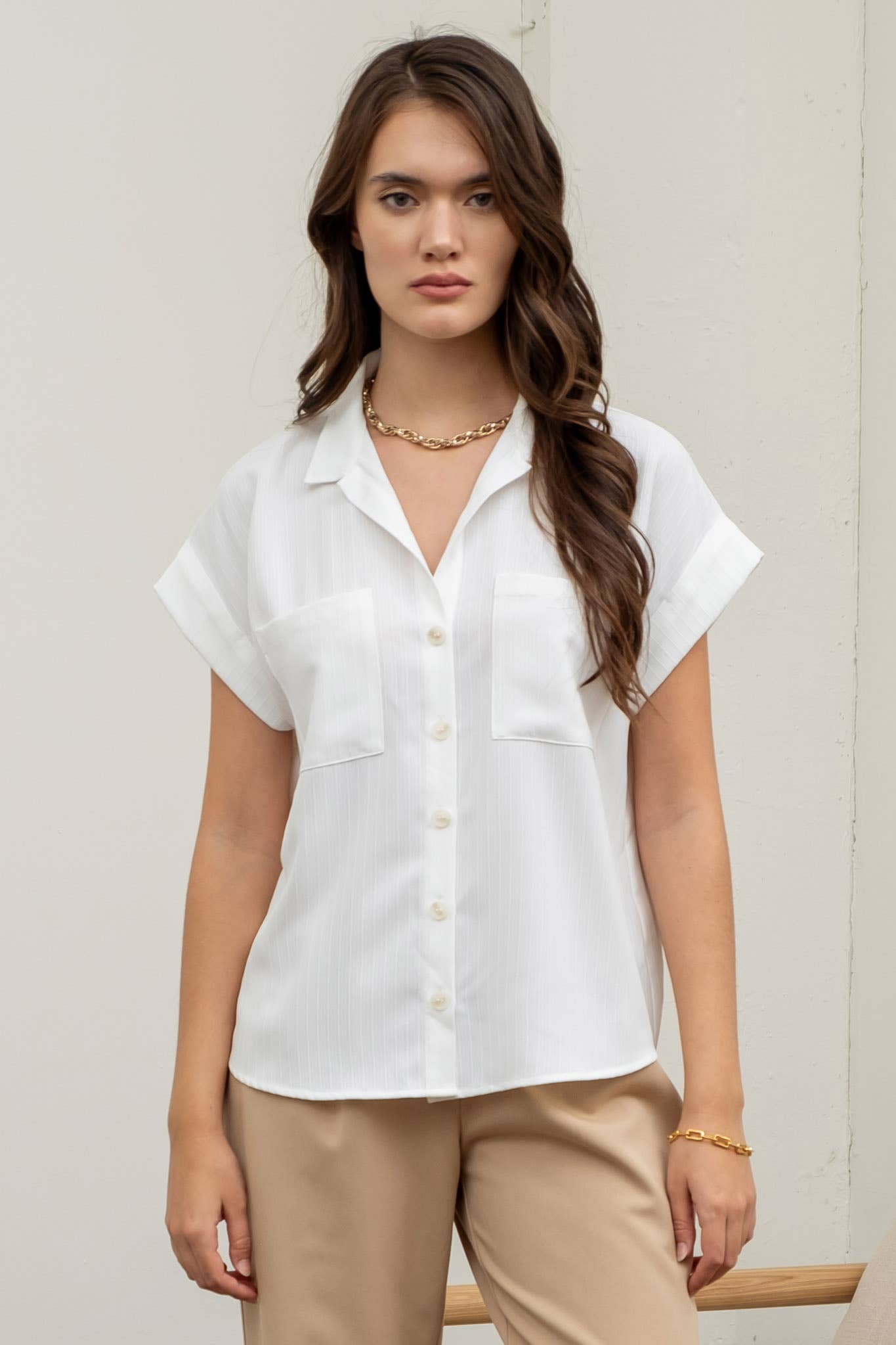 Short Fold Sleeve Button Down Shirt