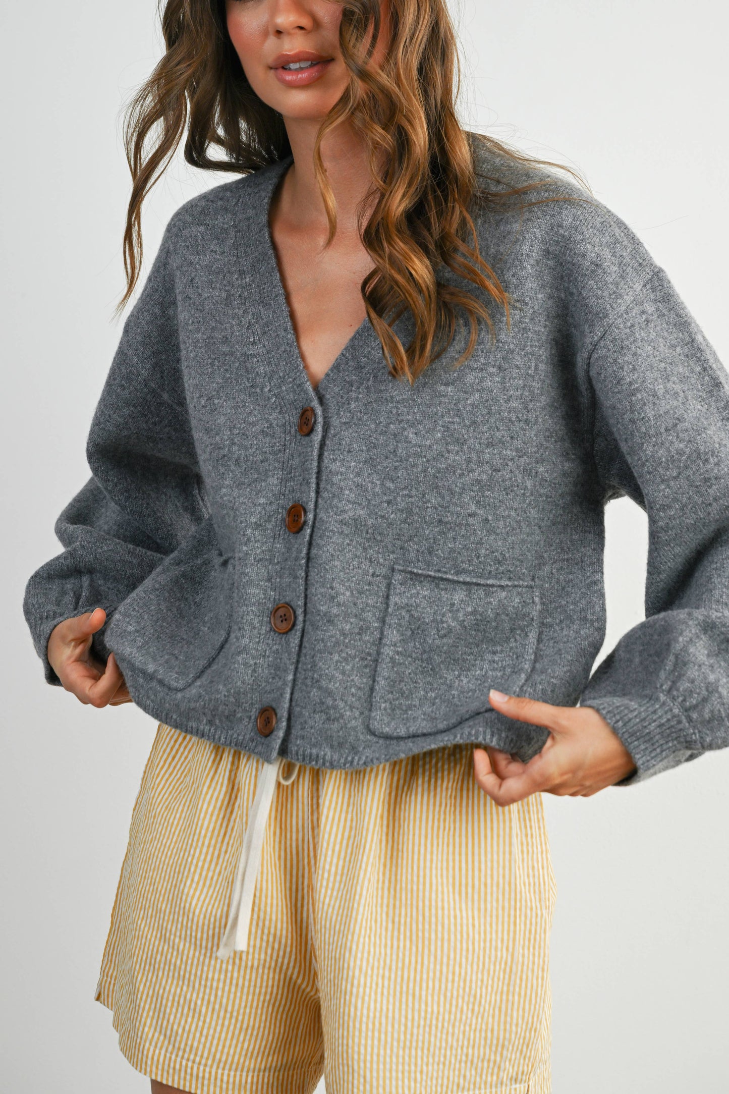 V-Neck Cuff Button-Up Long Sleeve Top