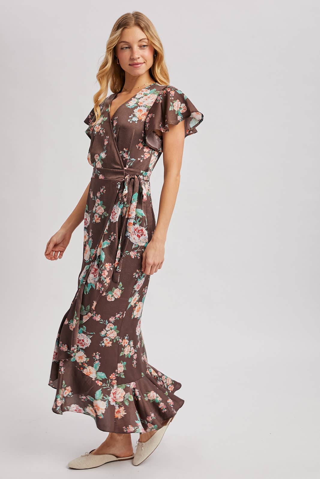 Floral Print Ruffled Wrap Maxi Dress