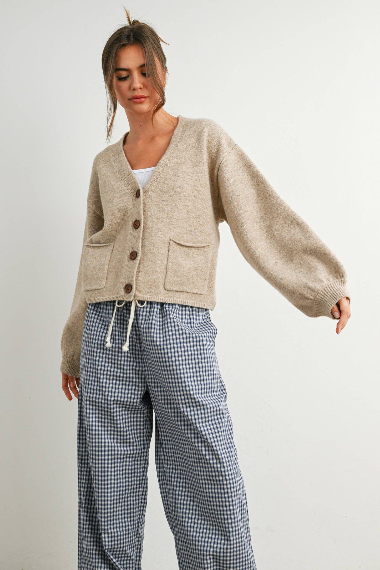 V-Neck Cuff Button-Up Long Sleeve Top