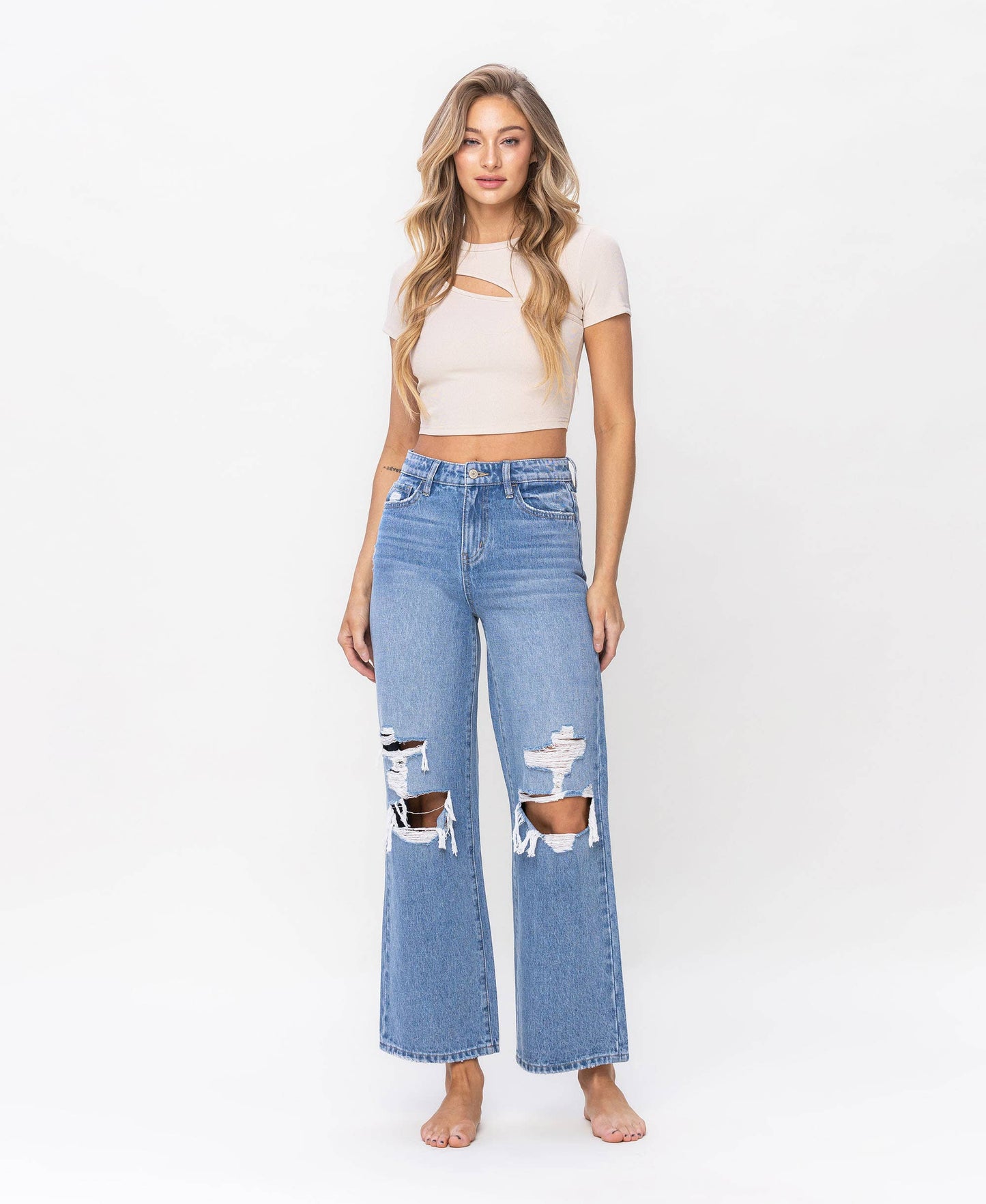 High Rise Distressed Wide Leg Jeans