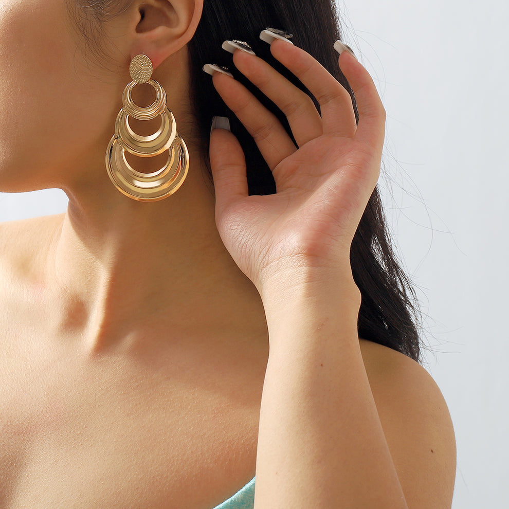 Layered Round Metal Drop Earrings