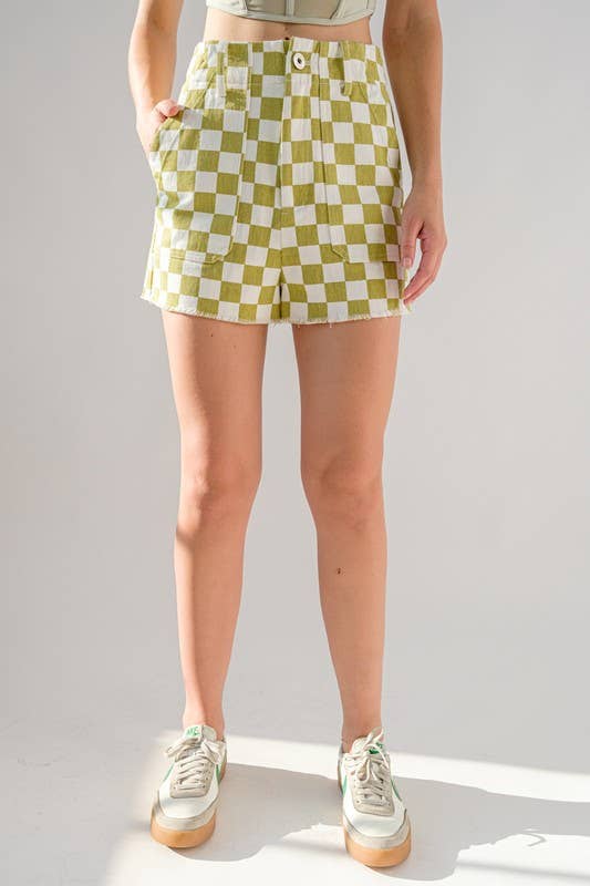 Red & White Checkerboard Frayed Hem Denim Shorts