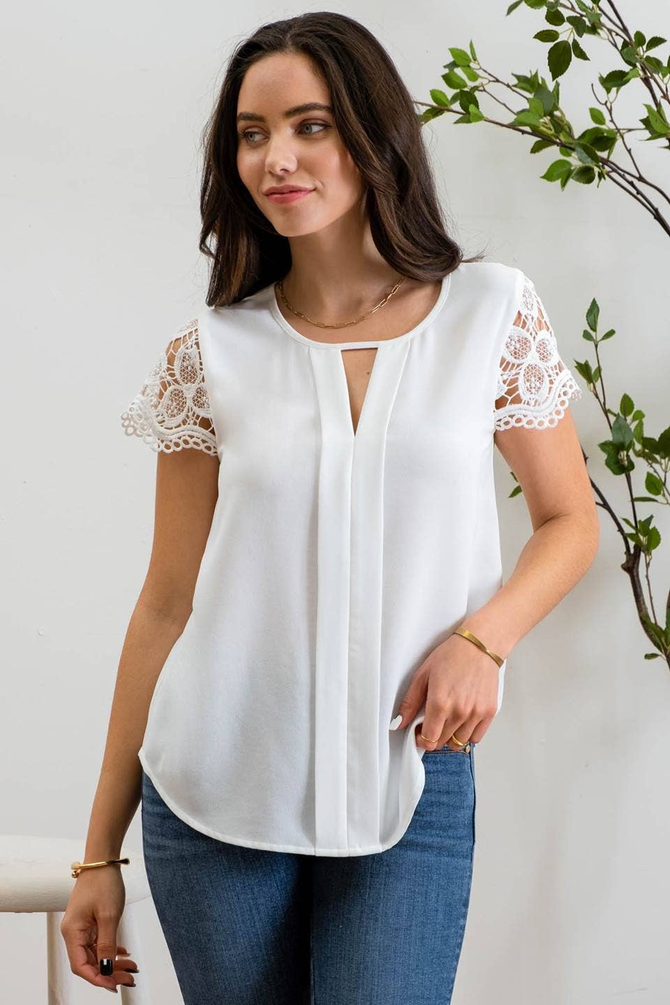 Keyhole Eyelet Lace Sleeve Blouse