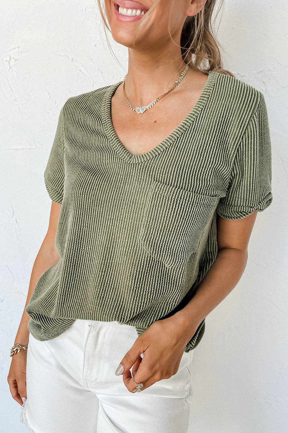 Corded V-Neck Short Sleeve Top