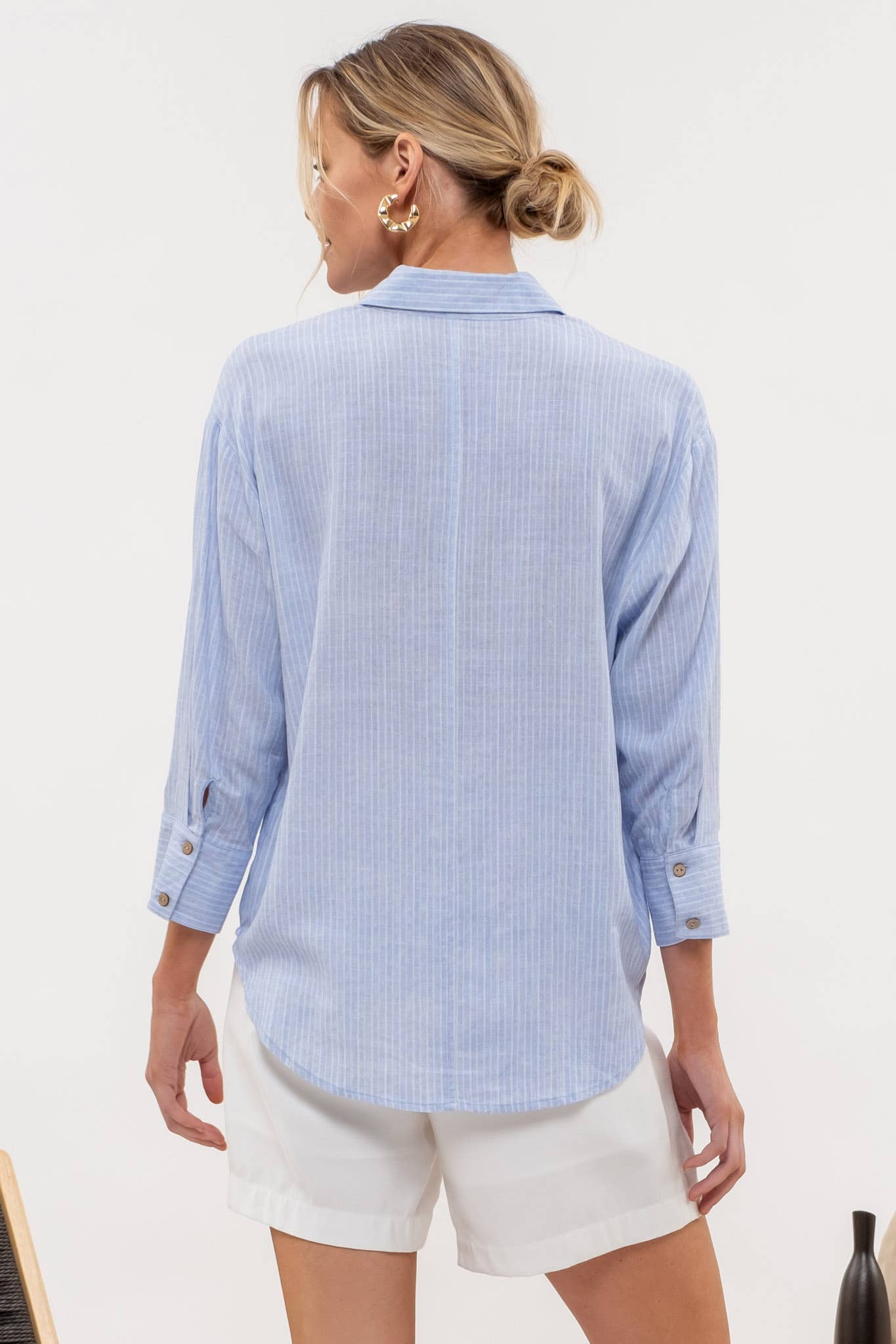 Stripe Collared Button Down Tab Sleeve Shirt