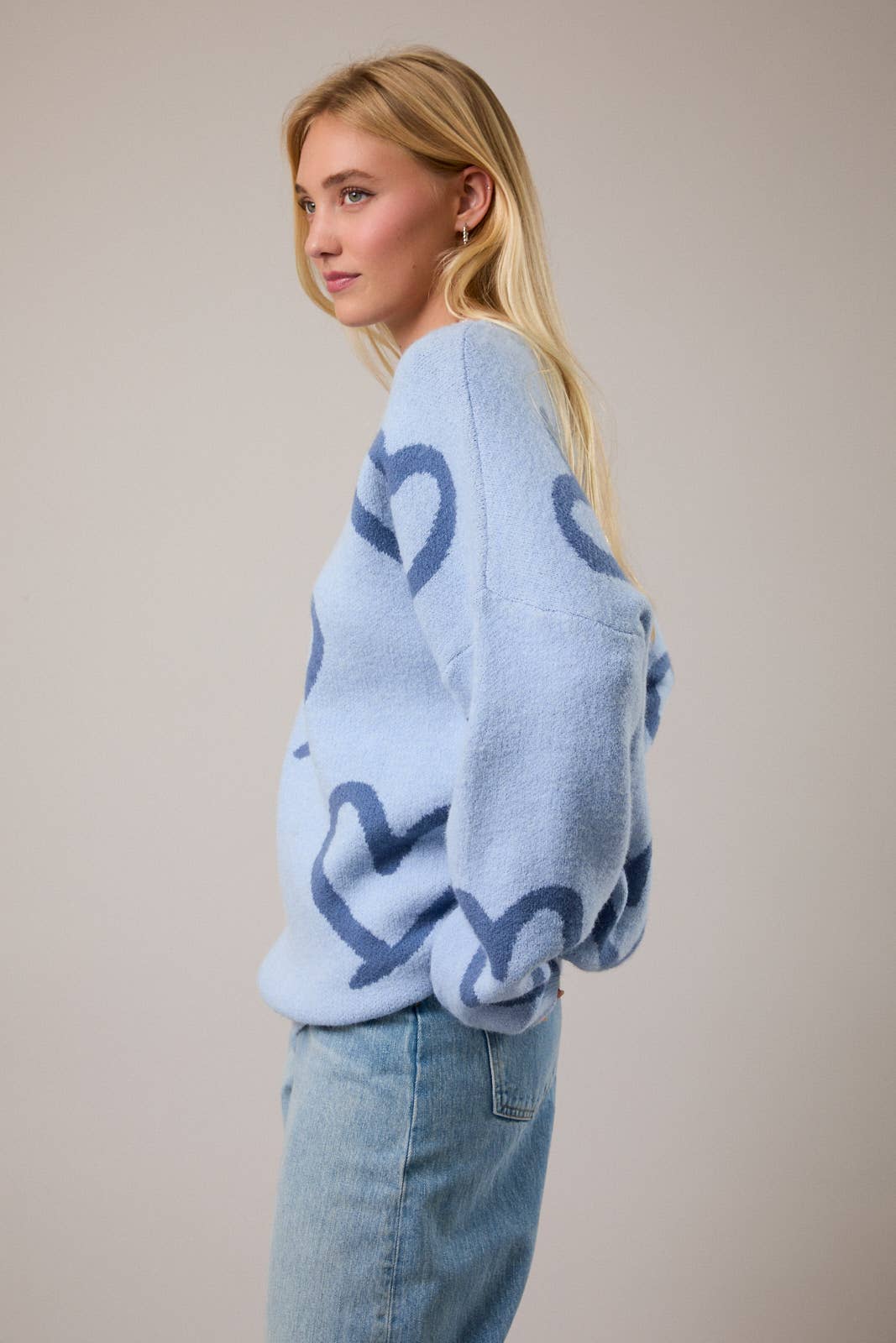 Long Sleeve Round Neck Heart Printed Sweater
