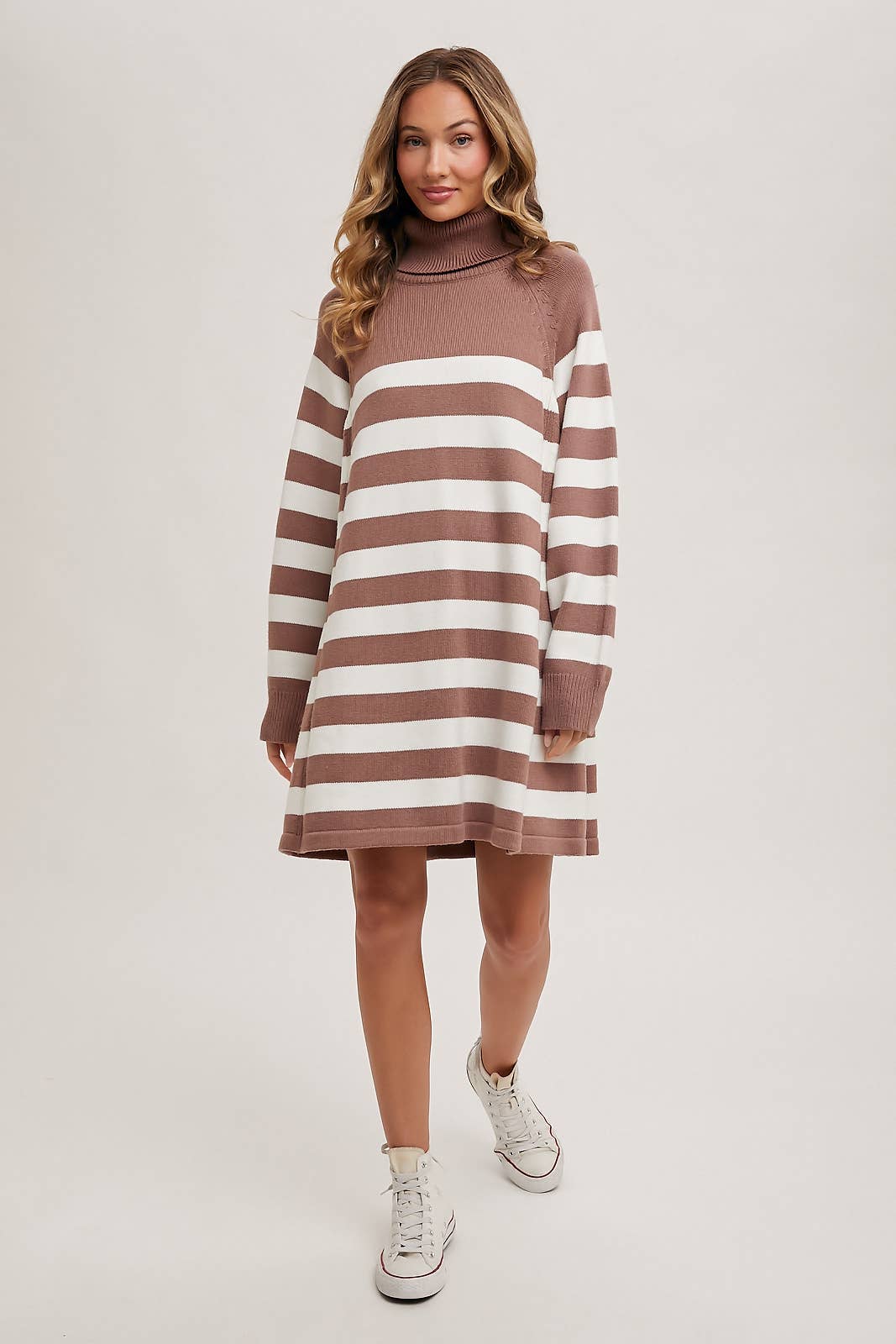 Striped Turtle Neck Knit Sweater Dress