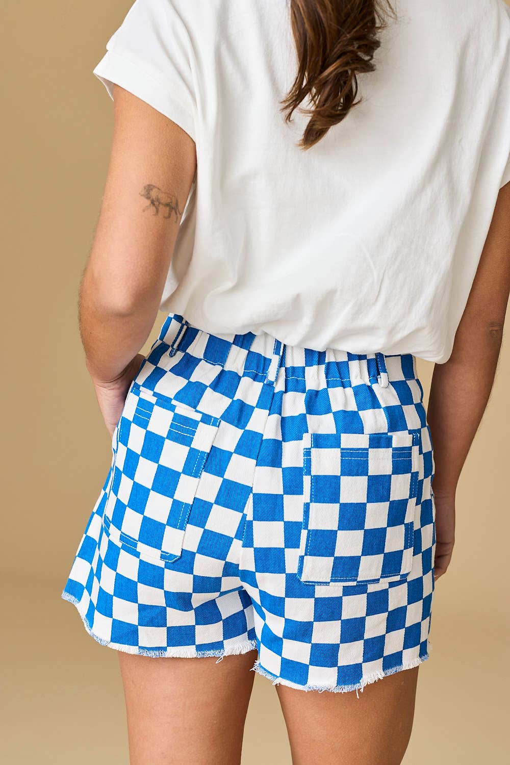 Red & White Checkerboard Frayed Hem Denim Shorts