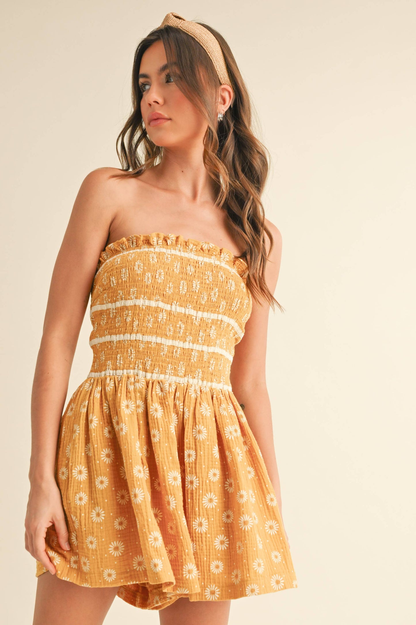 Floral Tube Ruffled Smocking Romper with Pockets
