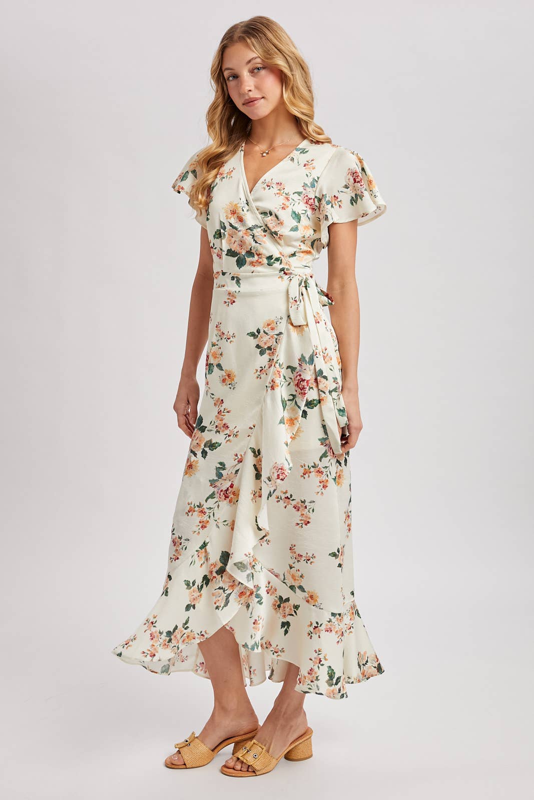Floral Print Ruffled Wrap Maxi Dress