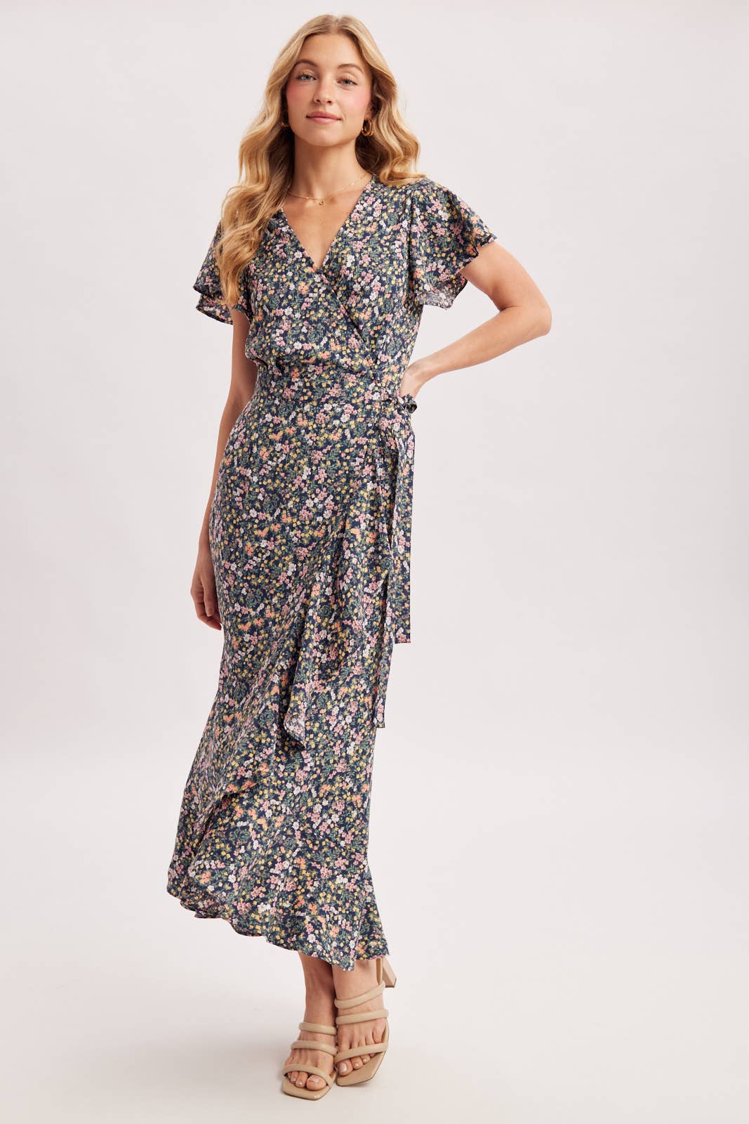 Floral Print Ruffled Hem Wrap Maxi Dress