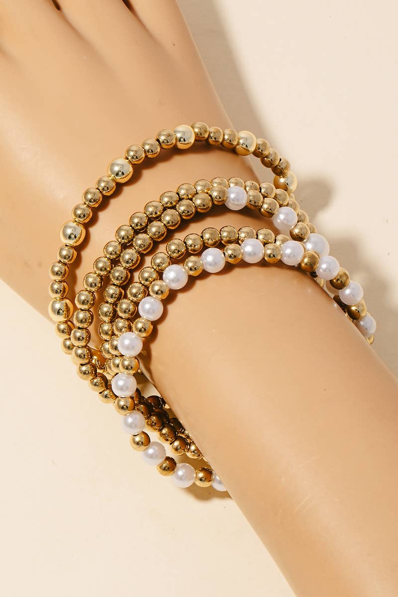 Mixed Pearl And Metallic Beaded Bracelet Set