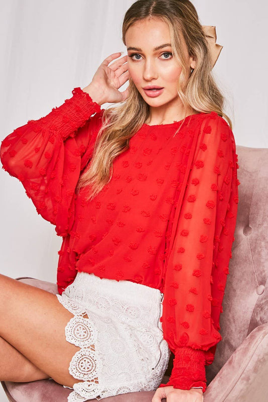 Swiss Dot Round Neck Long Sleeve Blouse
