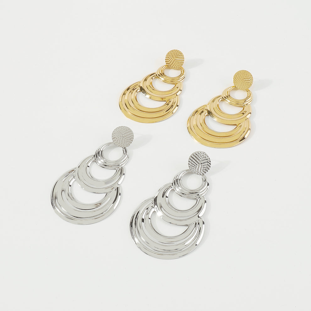 Layered Round Metal Drop Earrings