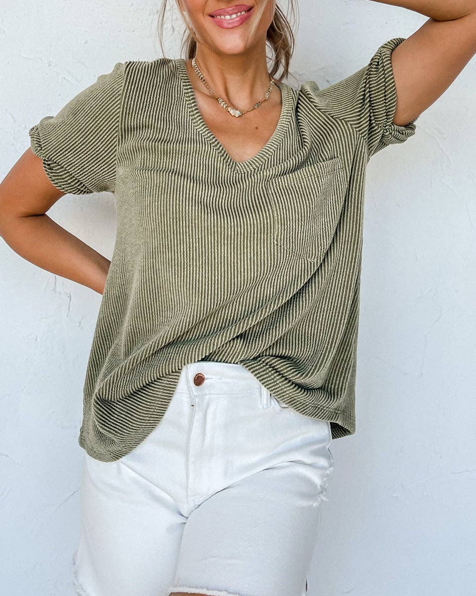 Corded V-Neck Short Sleeve Top