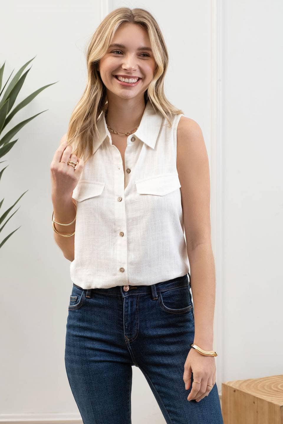 Collared Button Down Sleeveless Shirt