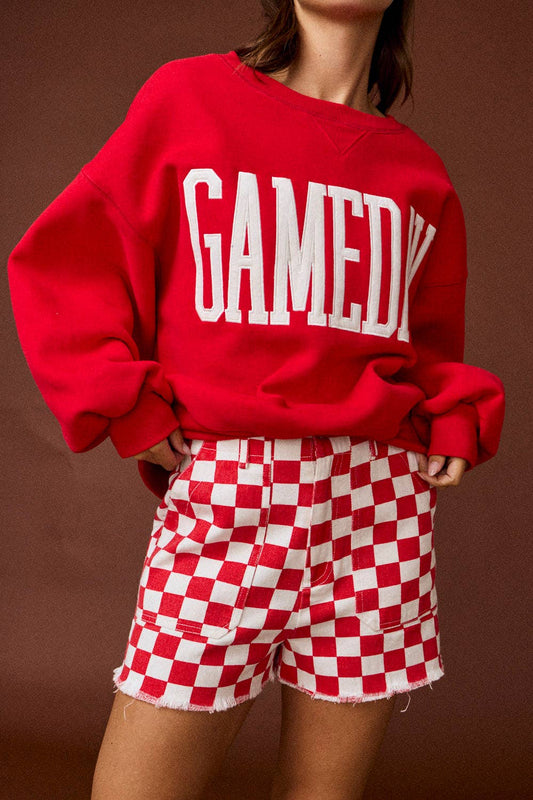 Red & White Checkerboard Frayed Hem Denim Shorts