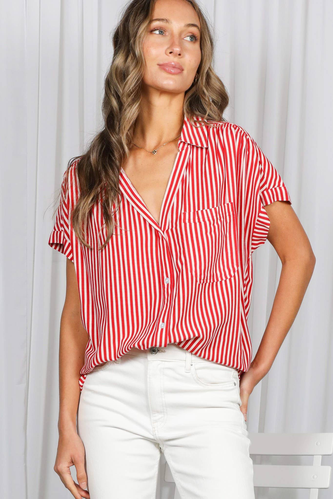 Red Striped Button Down Relaxed Shirt