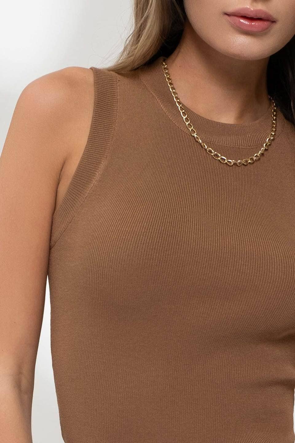 Brown Sleeveless Round Neck Sweater Knit Top