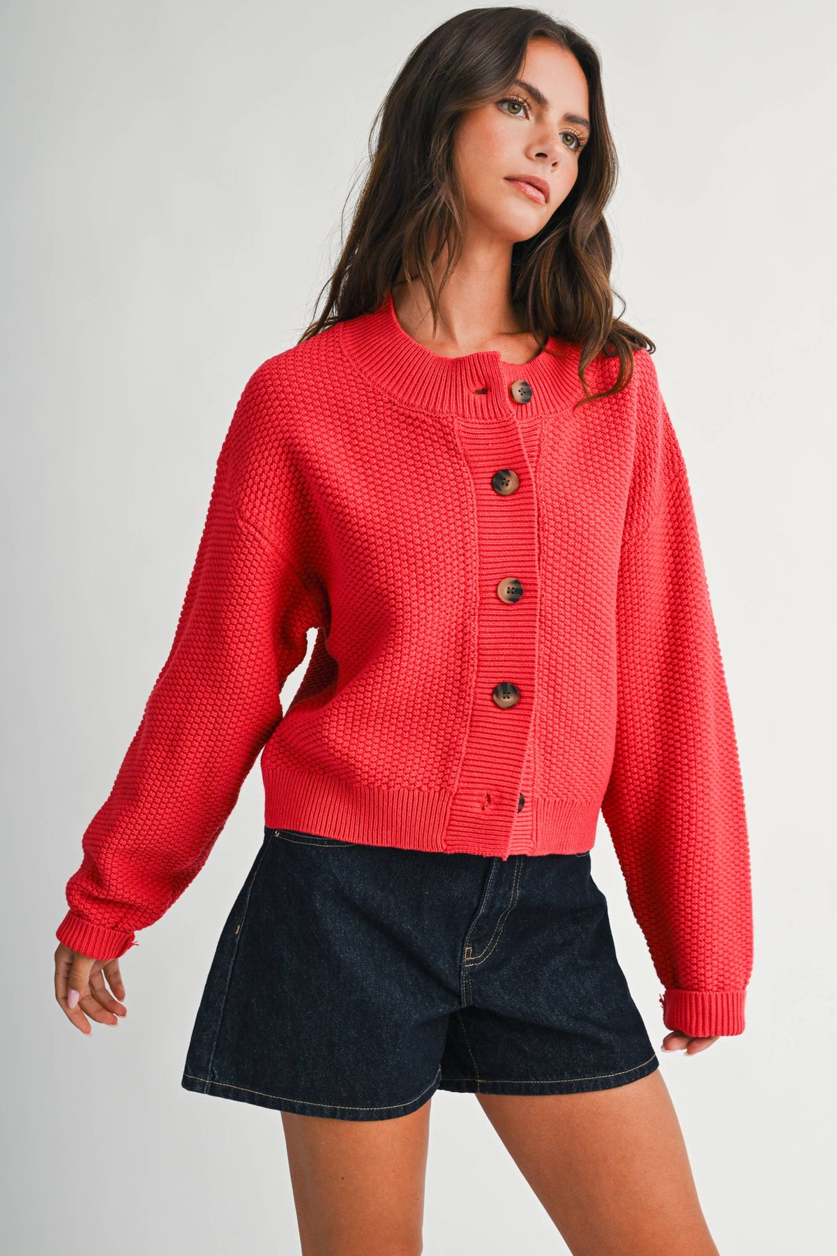 Textured Knit Statement Button Cardigan