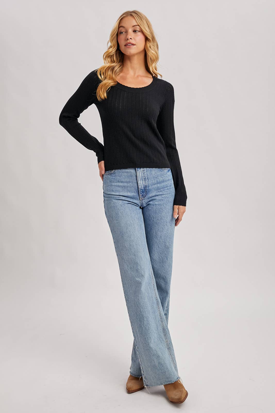 Long Sleeved Pointelle Knit Top