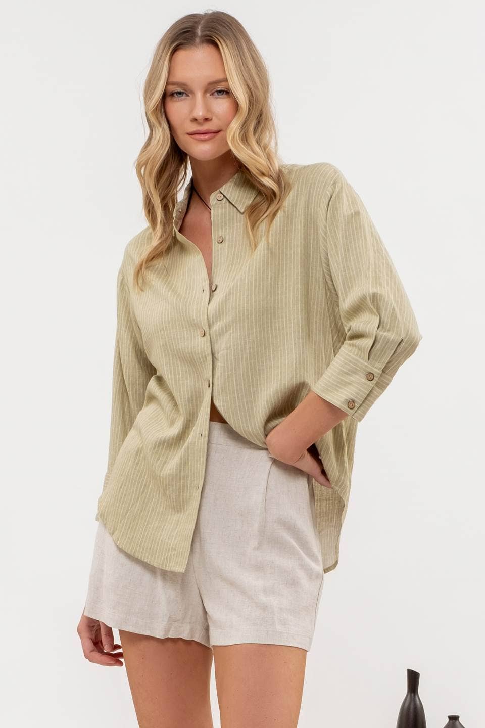 Stripe Collared Button Down Tab Sleeve Shirt