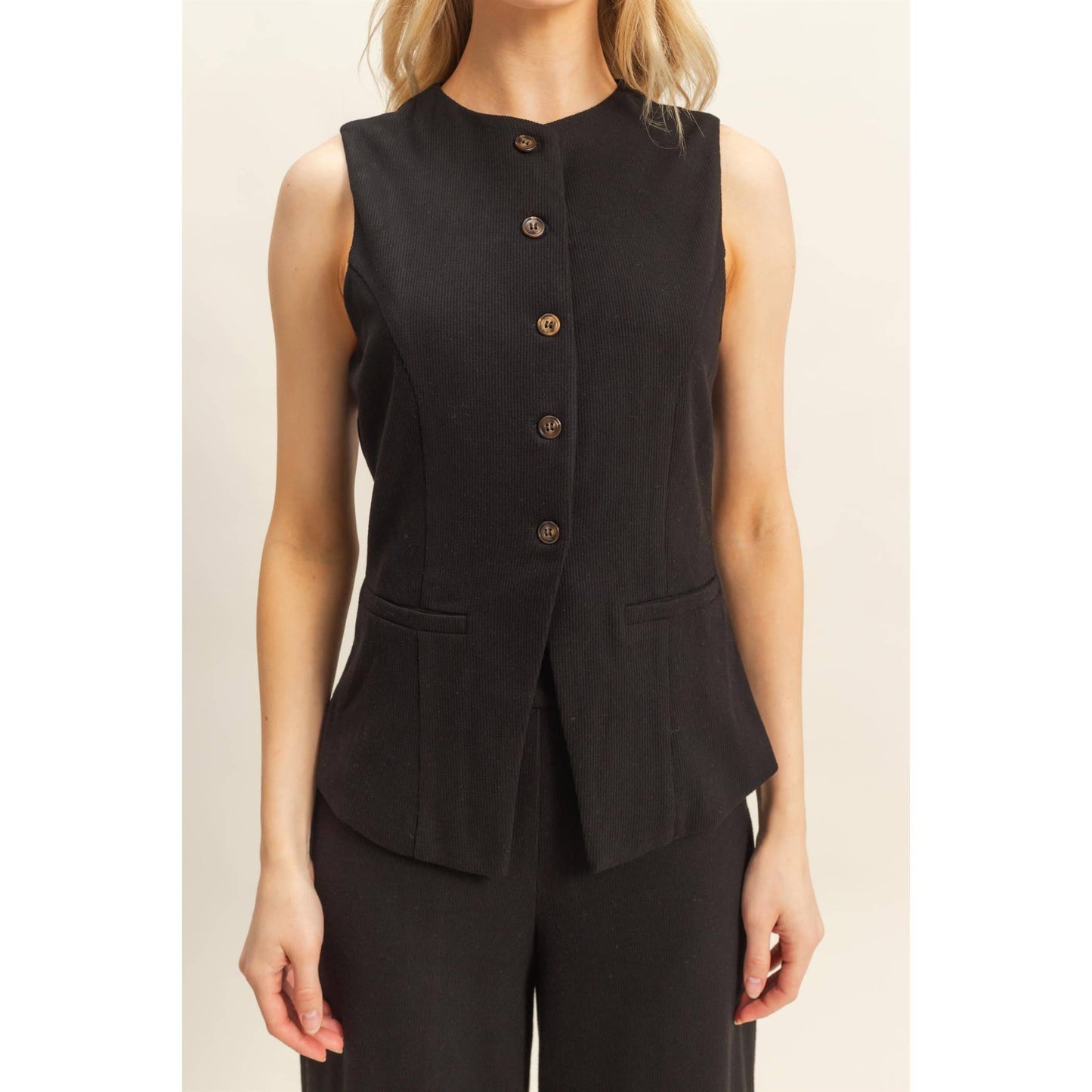 Ribbed Knit Buttoned Vest And Wide-Leg Pants Set