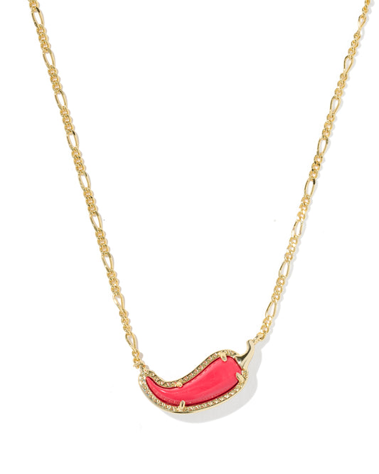 Chili Pepper Short Pendant Necklace Gold Red Vermillion Magnesite