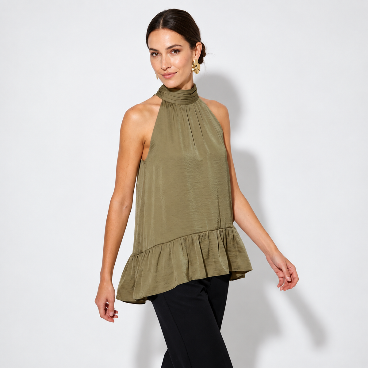 Mock Neck Hi-low Ruffle Hem Top