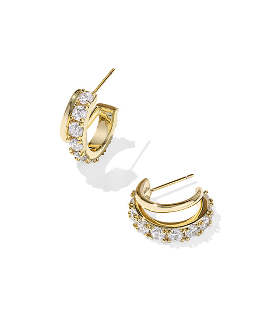 Livy Gold Huggie Earrings in White Crystal