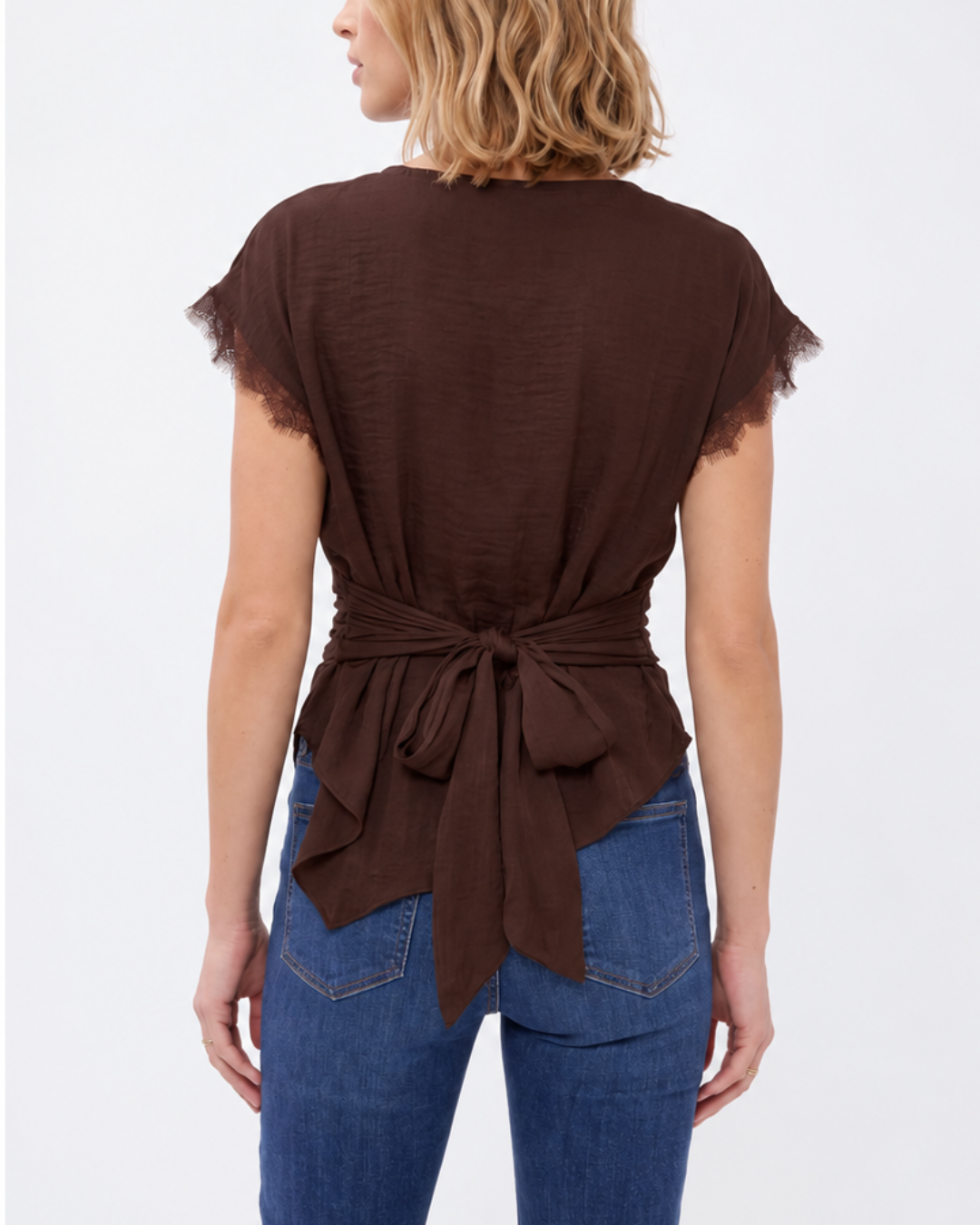 Lace Trim Draped Waist Blouse