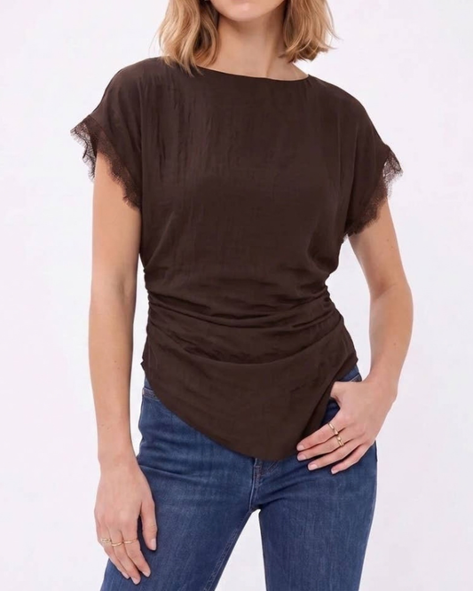 Lace Trim Draped Waist Blouse