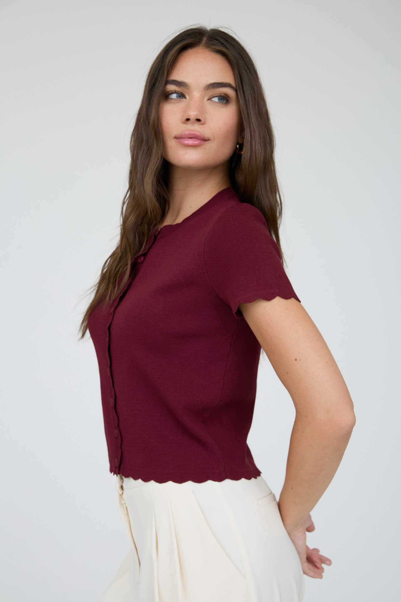 Scallop Trim Button-Down Knit Cardigan