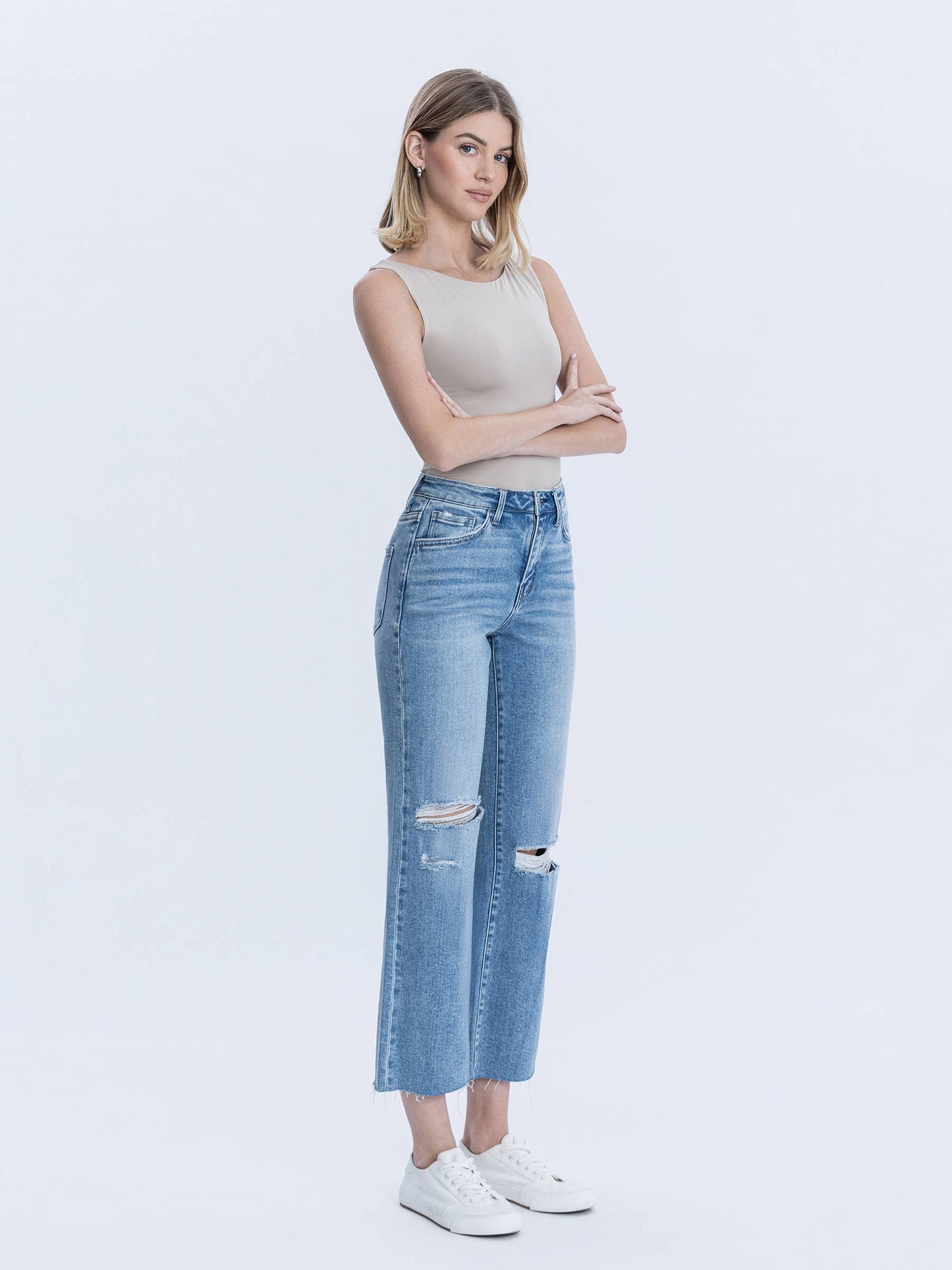 High Rise Raw Hem Crop Slim Wide Jeans