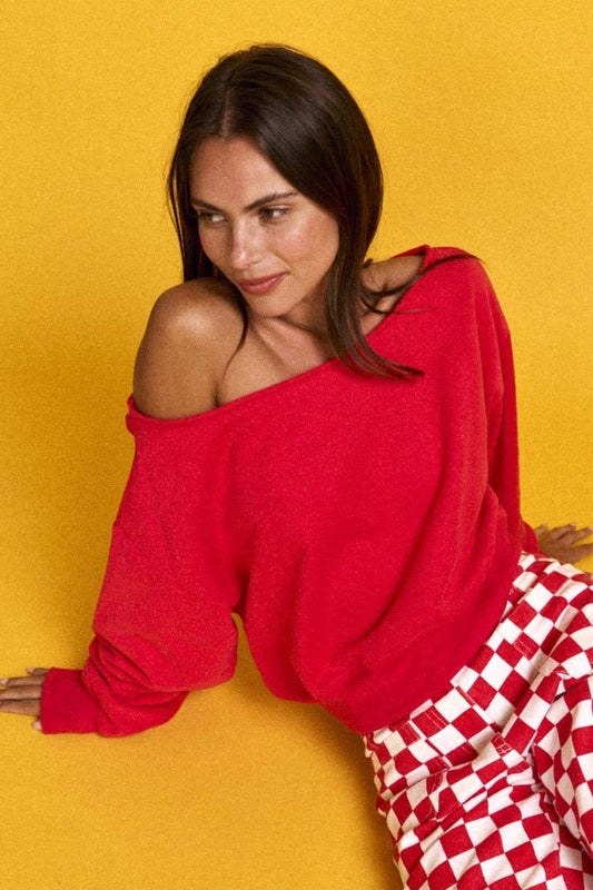 Red Off-the-Shoulder Cropped Fleece Pullover