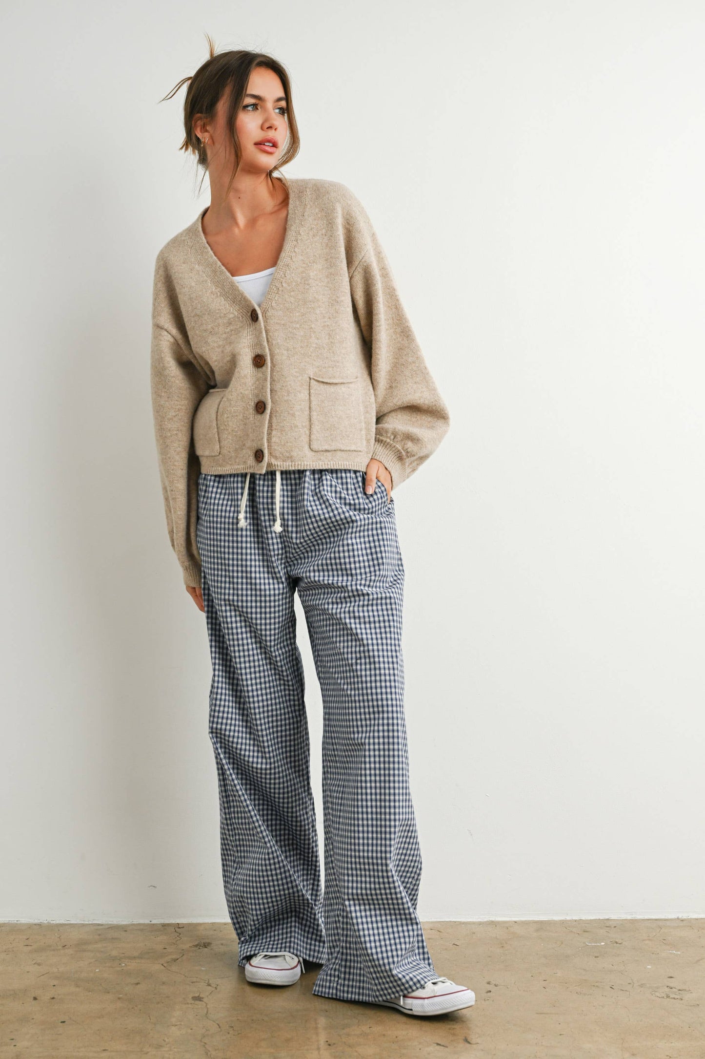 V-Neck Cuff Button-Up Long Sleeve Top