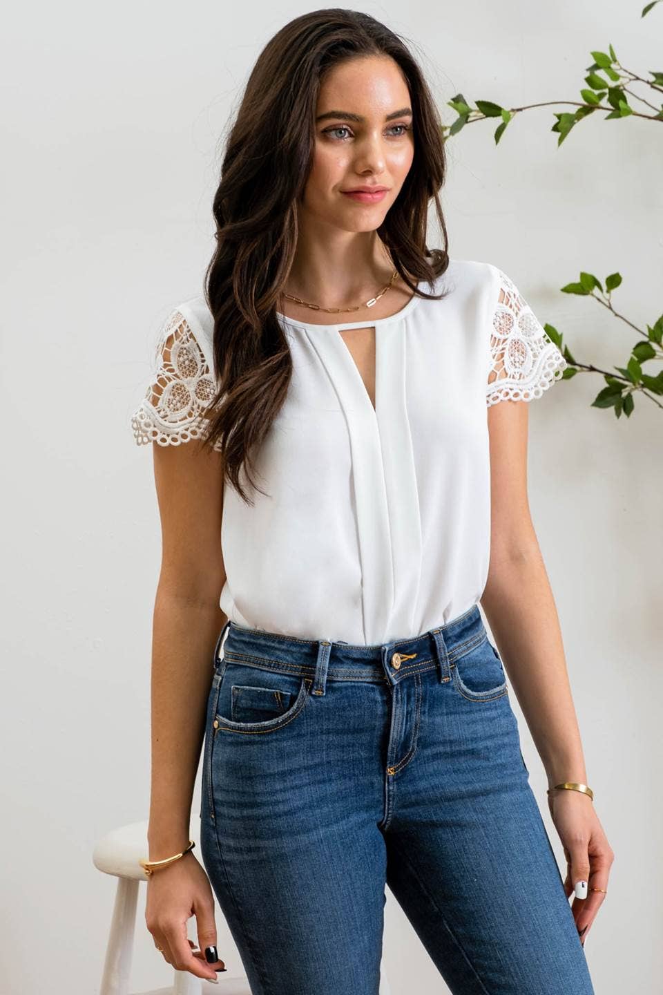 Keyhole Eyelet Lace Sleeve Blouse