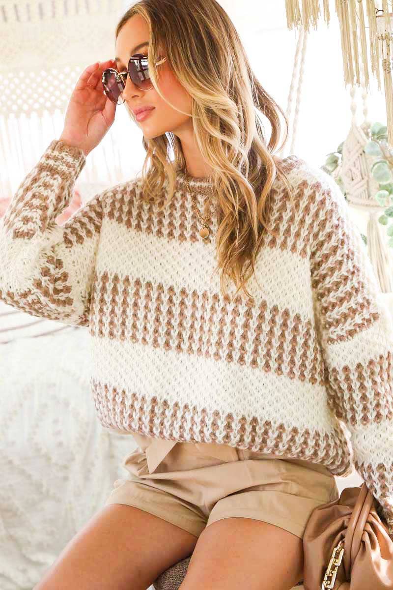 Crew Neck Color Blocked Knitted Sweater Top