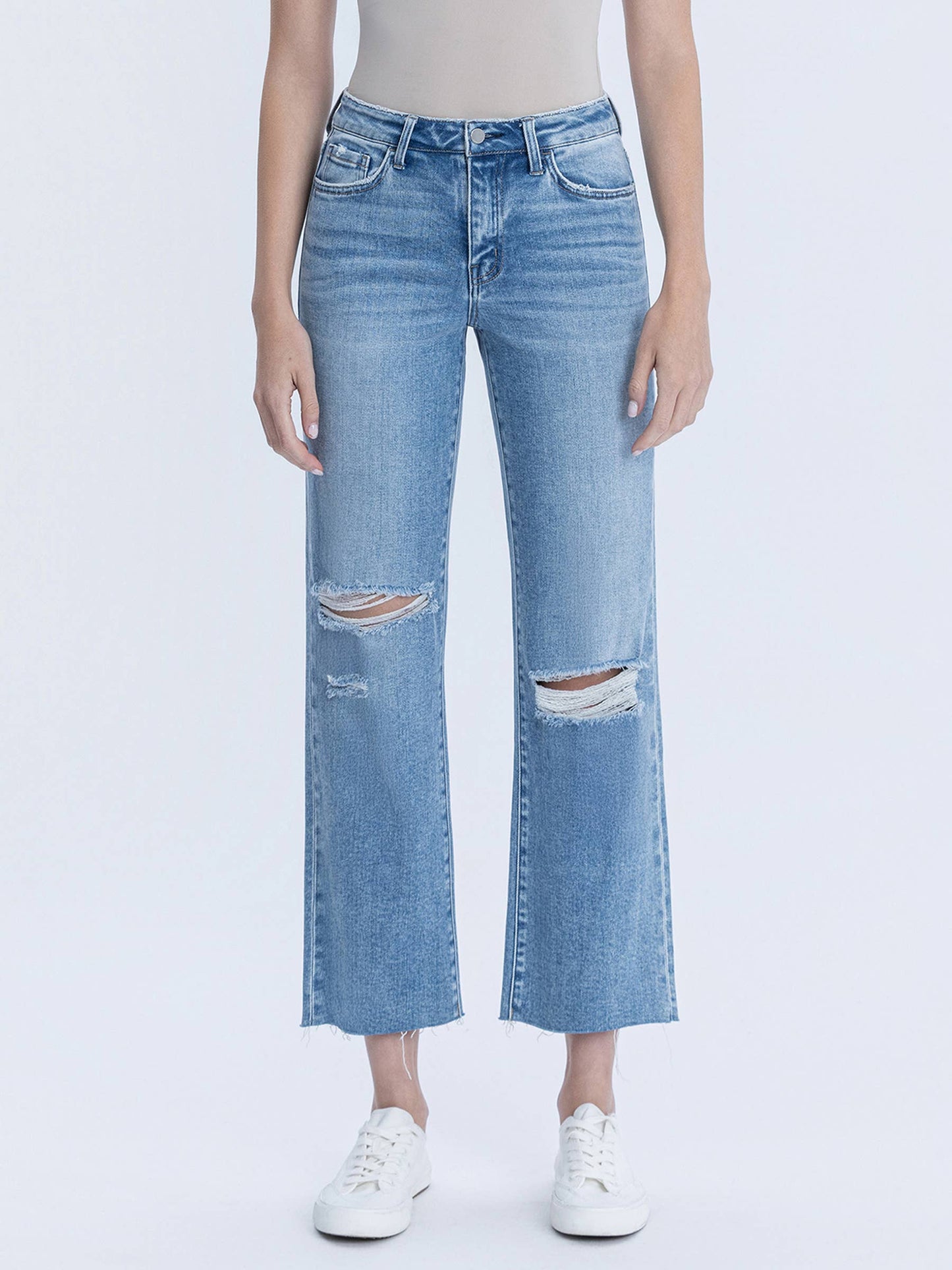 High Rise Raw Hem Crop Slim Wide Jeans