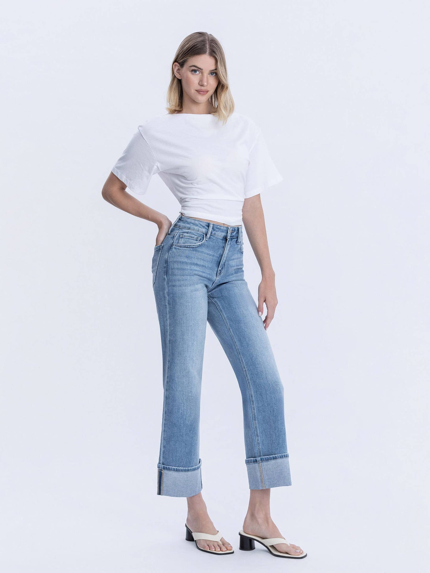 High Rise Medium Light Wash Cuffed Slim Wide Jeans
