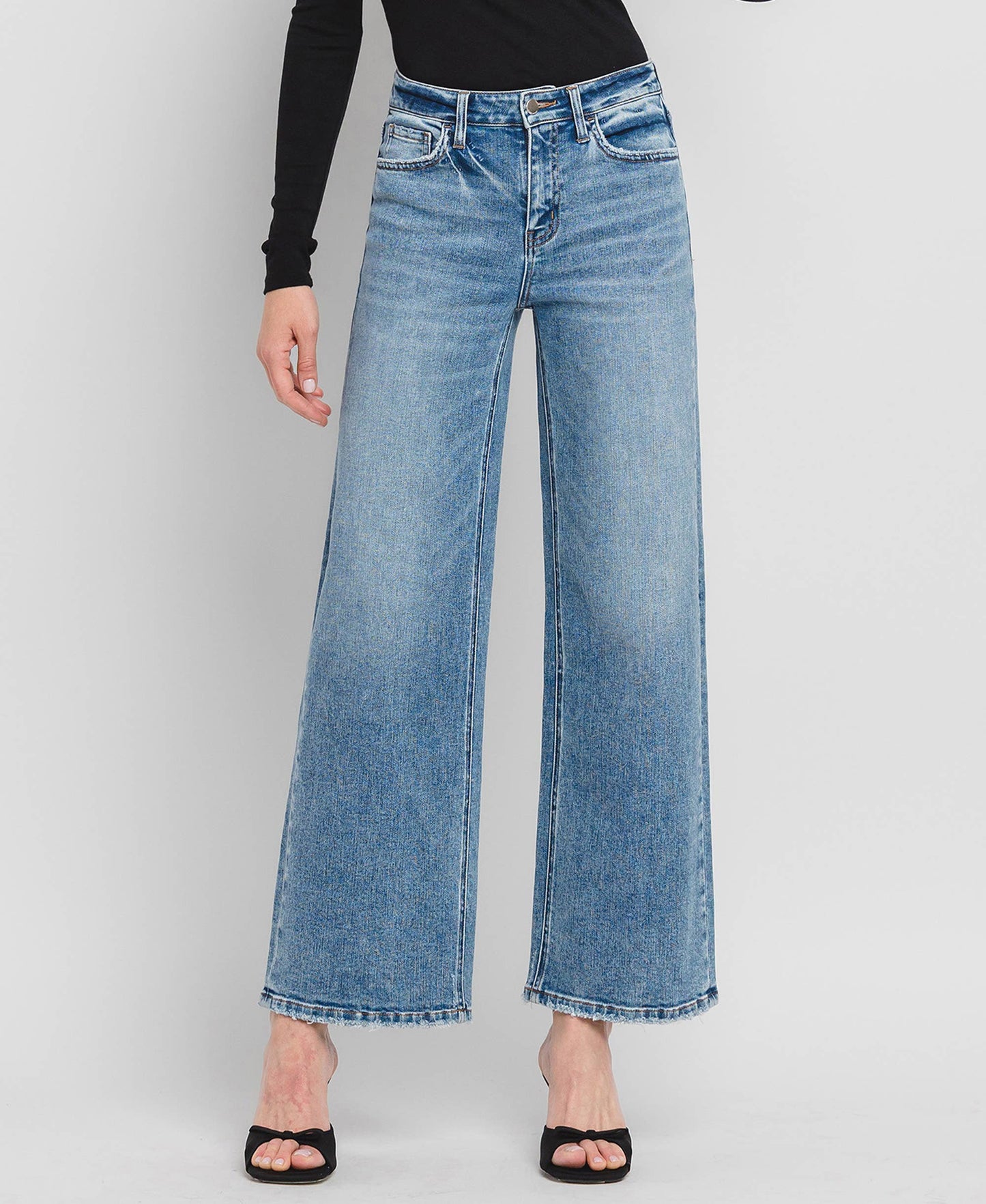 High Rise Medium Wash Full-Length Wide Leg Jeans
