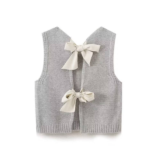 Women's Bow Tie Solid Color Fitted Sweater Vest