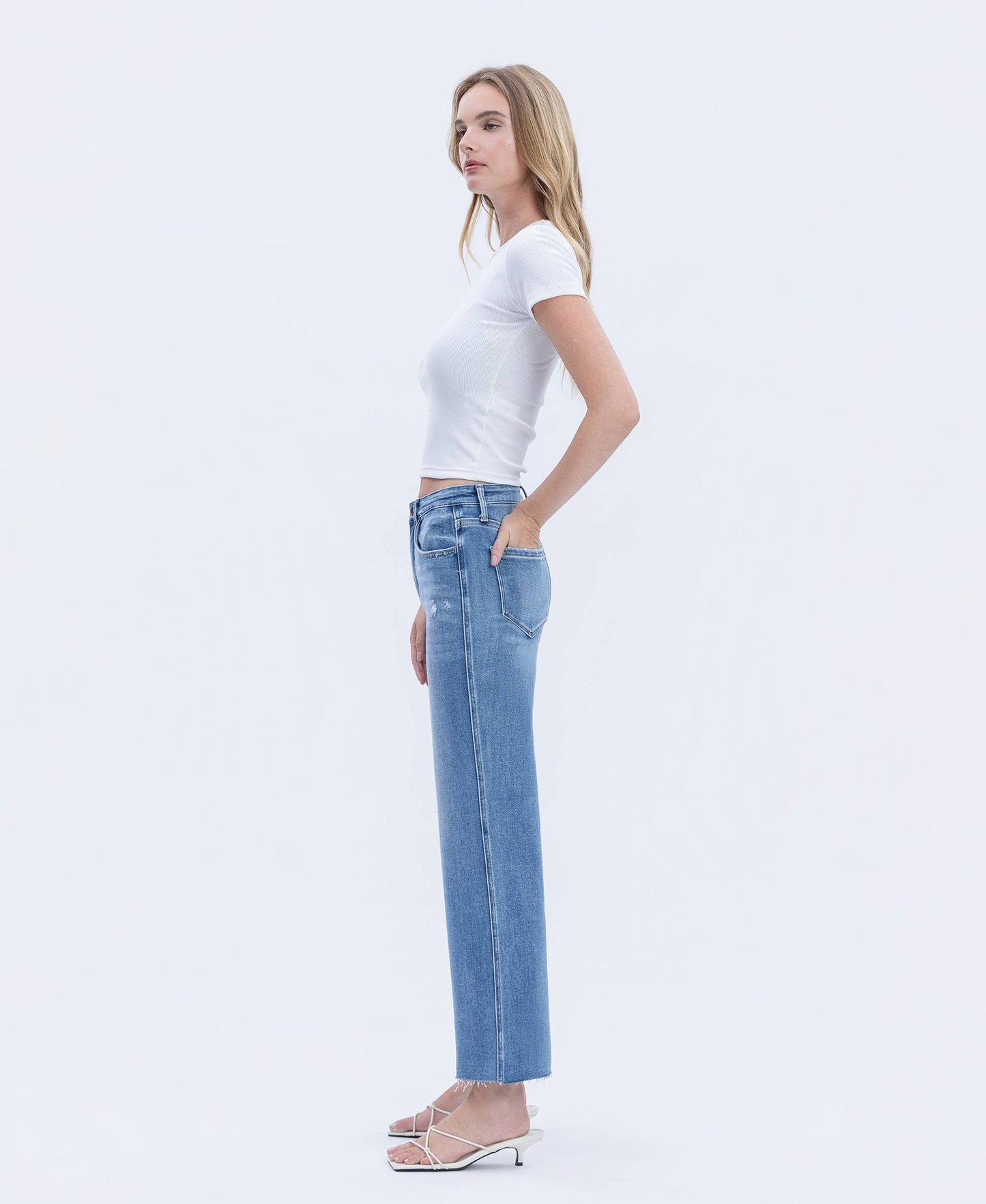 High Rise Raw Hem Slim Wide Jeans